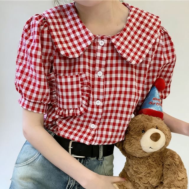 Duwnie-Short-Sleeve Collared Gingham Check Button Up Blouse