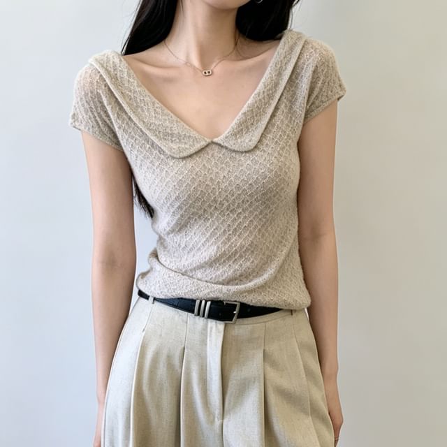 Duwnie-Short-Sleeve Collared Plain Textured Knit Top
