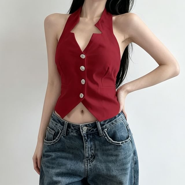 Duwnie-Sleeveless Button-Up Plain Crop Top