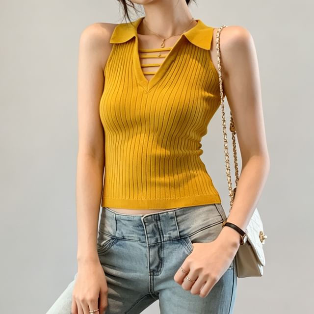 Duwnie-Sleeveless Collared V-Neck Plain Ribbed Knit Cropped Top