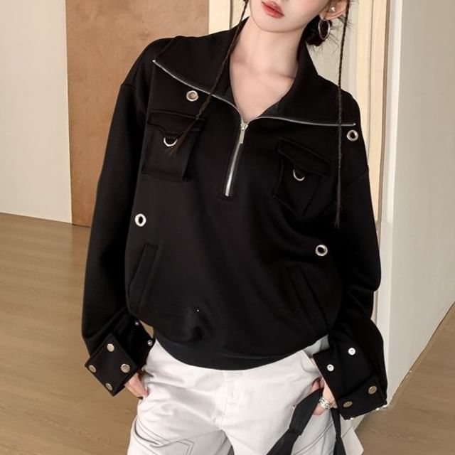Duwnie-Stand Collar Pocket Half-Zip Plain Sweatshirt