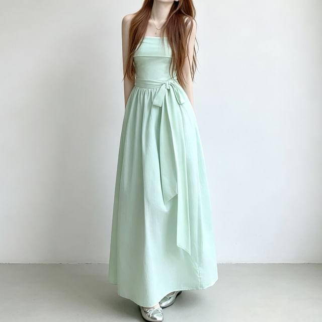 Duwnie-Strapless Plain Bow Midi A-Line Dress