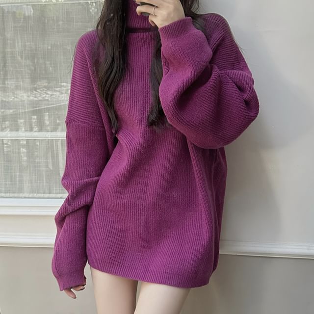 Duwnie-Turtleneck Plain Oversized Sweater