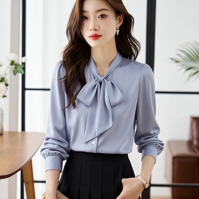 Efo Ribbon EFO - Long-Sleeve Ribbon Neck Plain Shirt | YesStyle