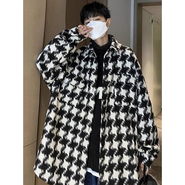 emeisa-Collared Houndstooth Oversized Button Up Jacket
