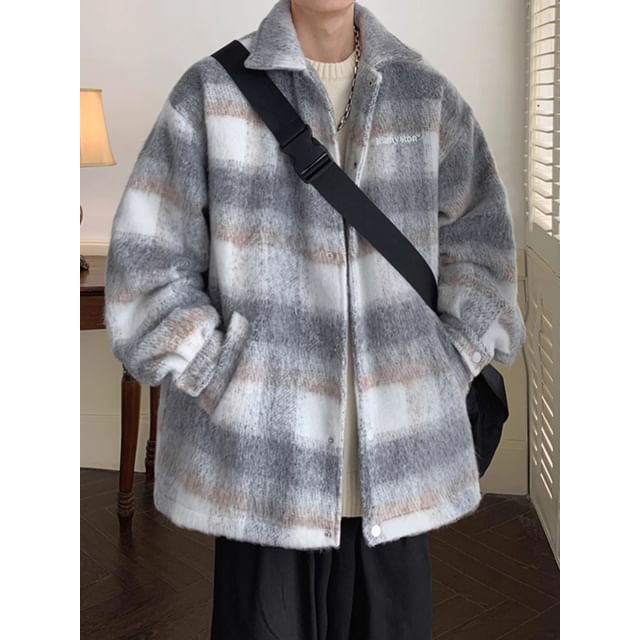 emeisa-Collared Plaid Oversized Button Up Jacket