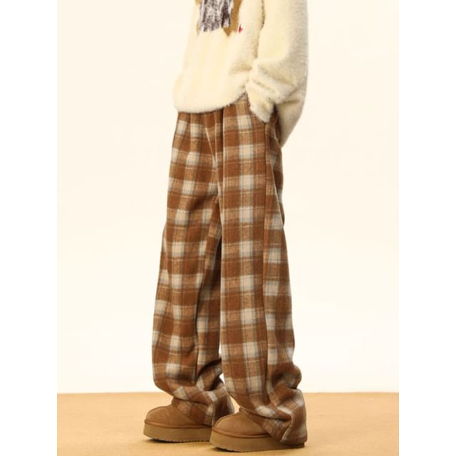 emeisa-Drawstring Waist Plaid Wide Leg Pants