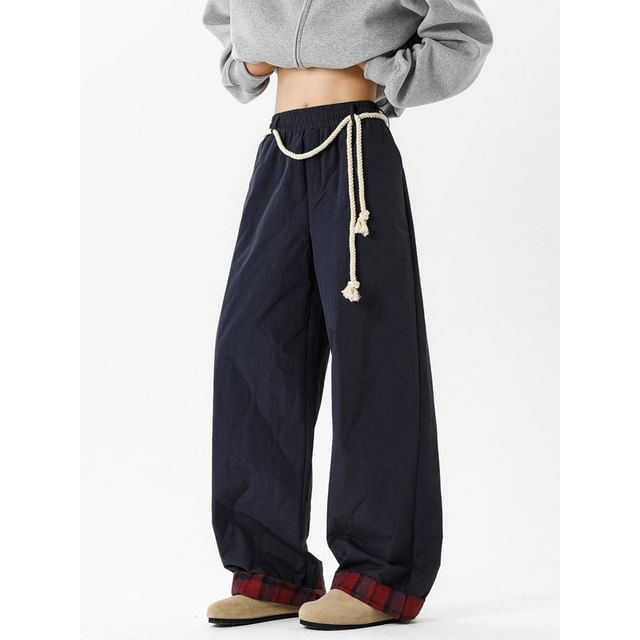 emeisa-Elastic Waist Plain Wide Leg Pants