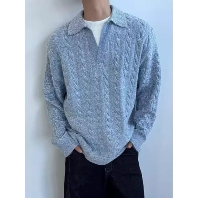 emeisa-Plain Cable Knit Polo Sweater