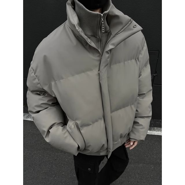 emeisa-Stand Collar Plain Faux Leather Puffer Jacket