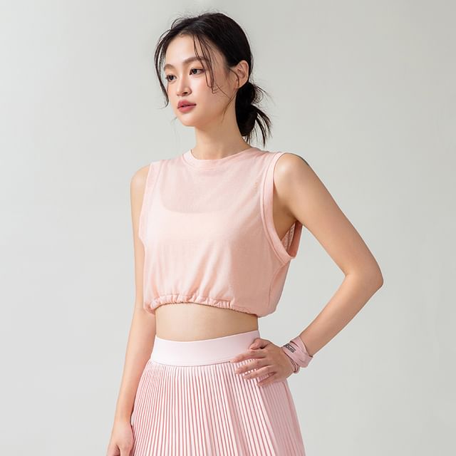 Engiko-Crew Neck Plain Drawstring Cutout Back Crop Tank Top