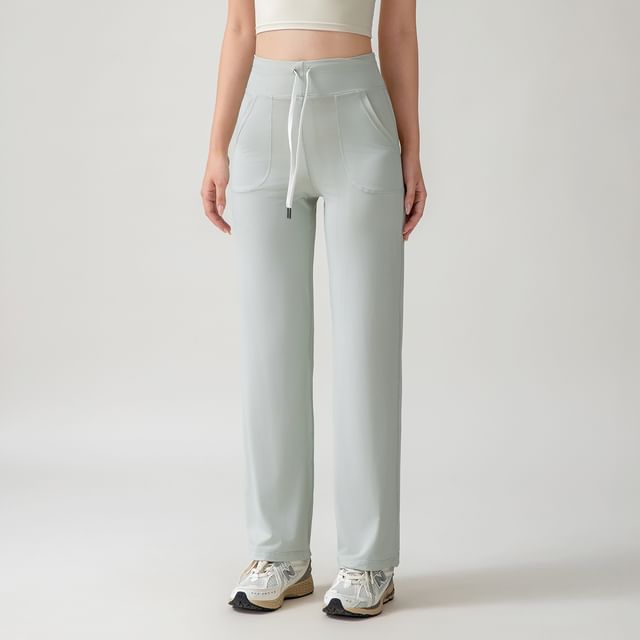 Engiko-Drawstring Waist Plain Straight Leg Sweatpants