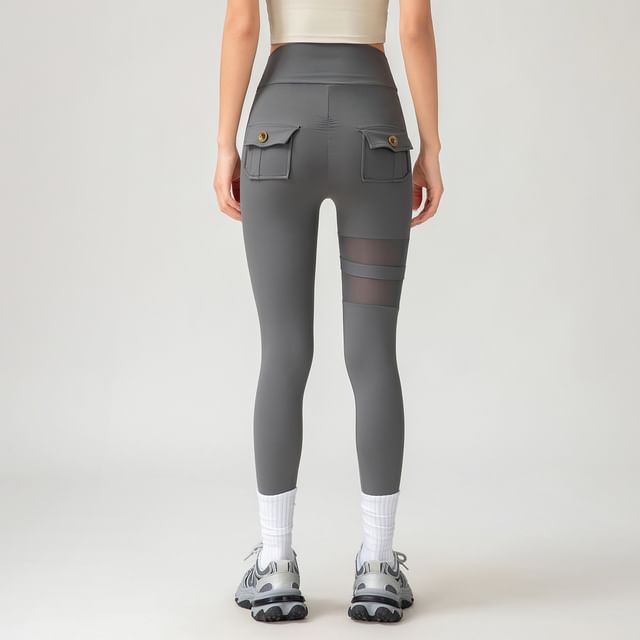 Engiko-High Waist Plain Buckled Panel Mesh Yoga Pants