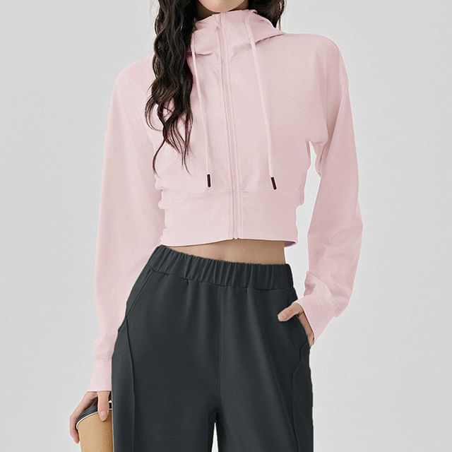 Engiko-Hooded Zip-Up Plain Crop Sports Jacket