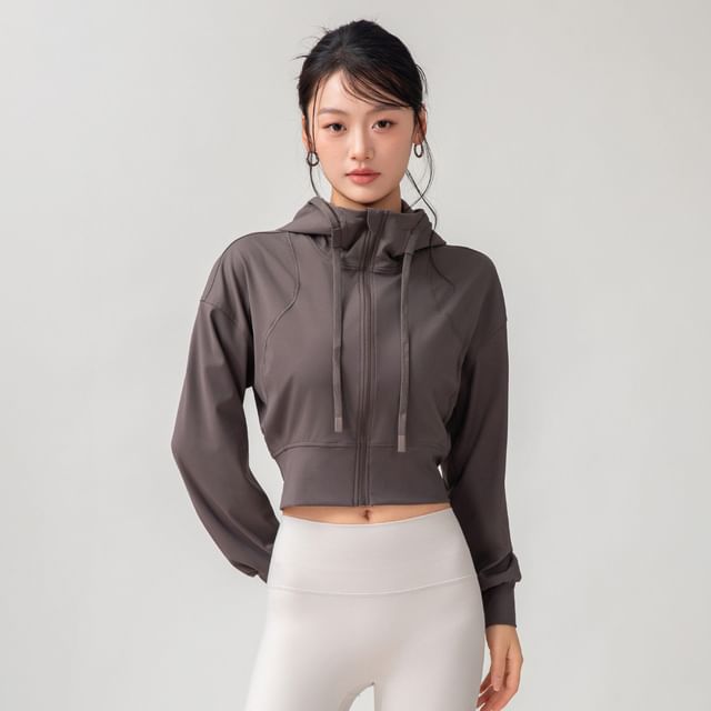Engiko-Hooded Zip-Up Plain Crop Sports Jacket