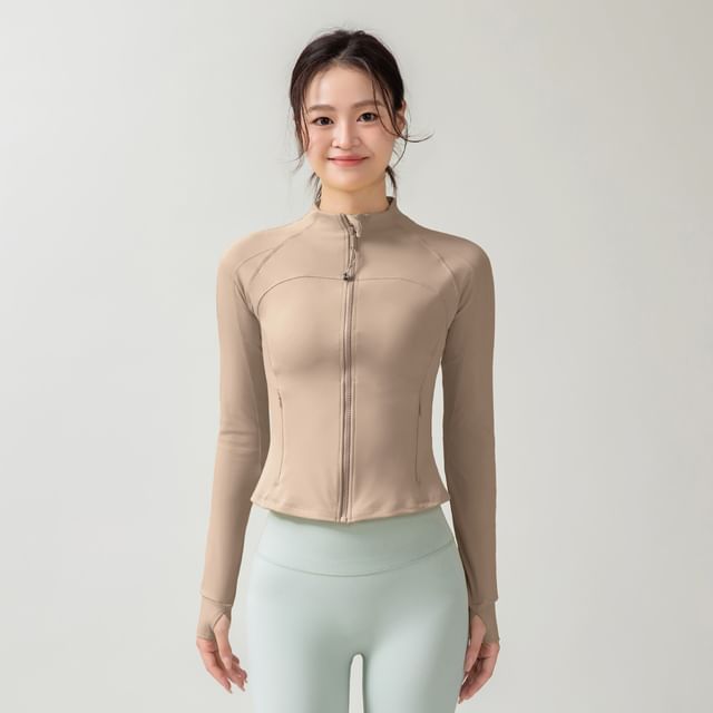 Engiko-Stand Collar Plain Panel Zip Yoga Jacket