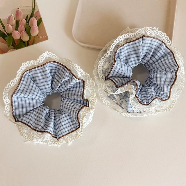 enthice-Plaid Lace Trim Scrunchie