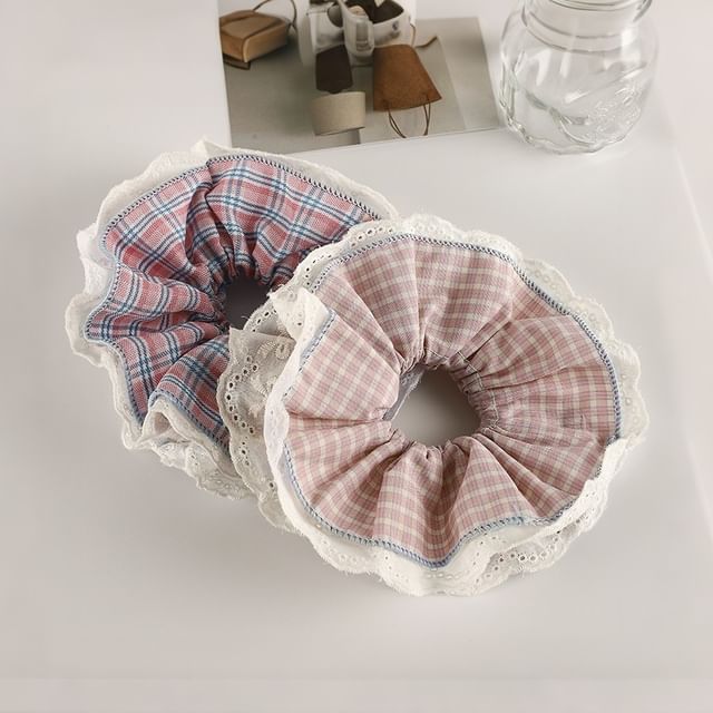 enthice-Plaid Lace Trim Scrunchie