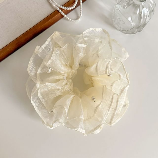 enthice-Plain Faux Pearl Mesh Scrunchie