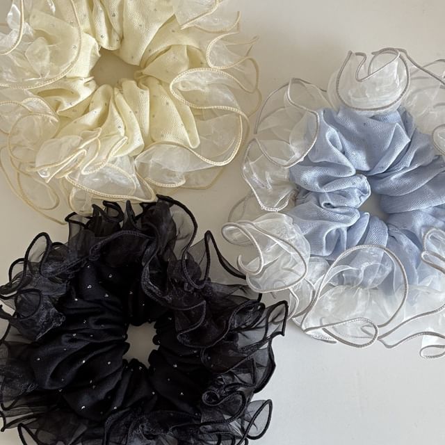 enthice-Rhinestone Mesh Ruffle Scrunchie