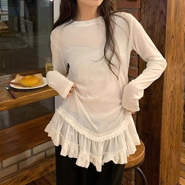 Essere-Crew Neck Plain Ruffle Trim T-Shirt