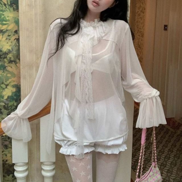 Essere-Flared-Sleeve Mock Neck Plain Ruffle Lace Trim Sheer Blouse