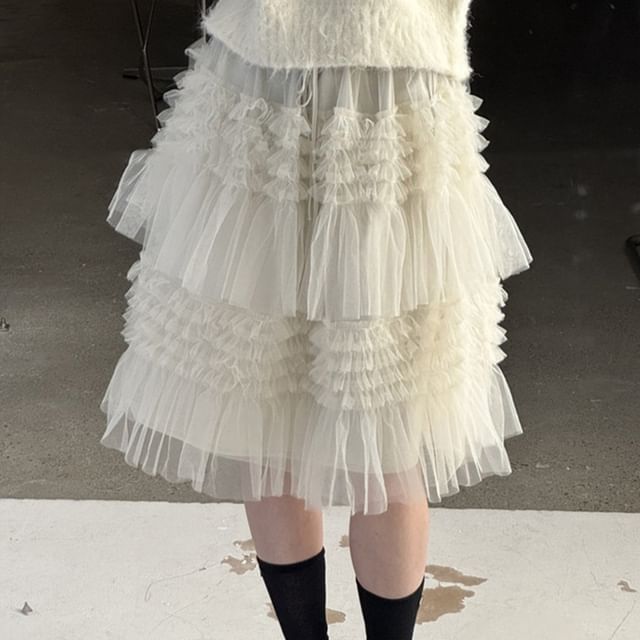 Essere-High Rise Mini A-Line Ruffled Mesh Layered Skirt