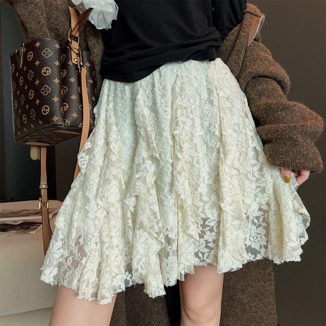 Essere-High Waist Lace Mini A-Line Skirt