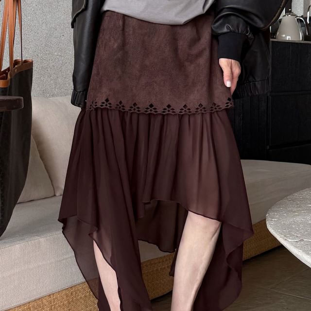 Essere-High Waist Plain Asymmetrical Patchwork Maxi A-Line Skirt