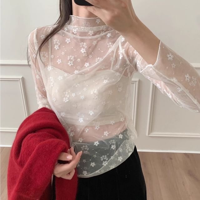 Essere-Long-Sleeve Mock Neck Lace Top