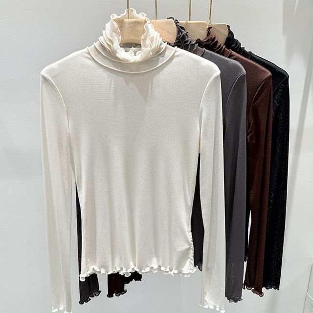 Essere-Long Sleeve Mock Neck Plain Frill Mesh Top