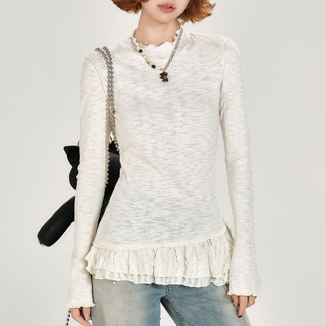 Essere-Long-Sleeve Mock Neck Plain Lace Trim Knit Top