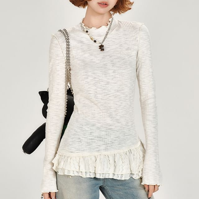 Essere-Long Sleeve Mock Neck Ruffle Panel Top
