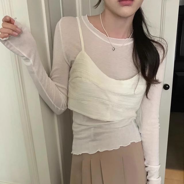 Essere-Long-Sleeve Round Neck Plain Ruffle Trim T-Shirt