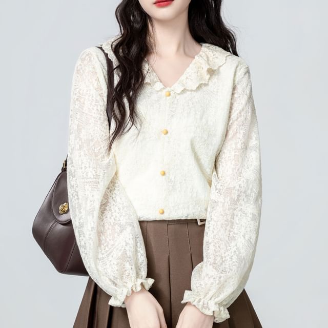 Essere-Long-Sleeve Ruffle Lace Shirt
