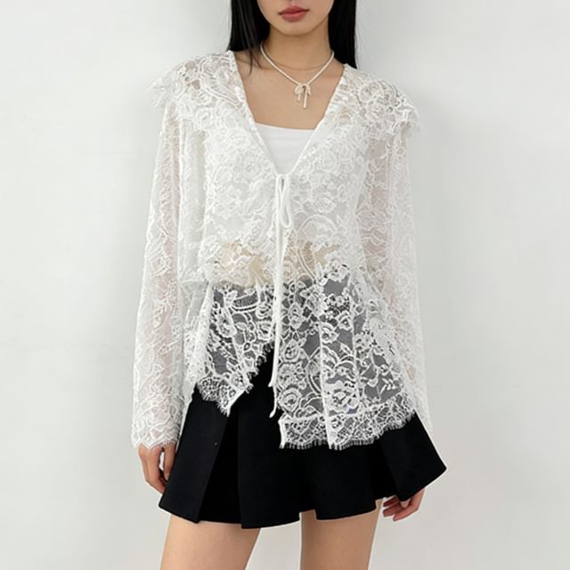 Essere-Long-Sleeve Tie-Neck Lace Blouse