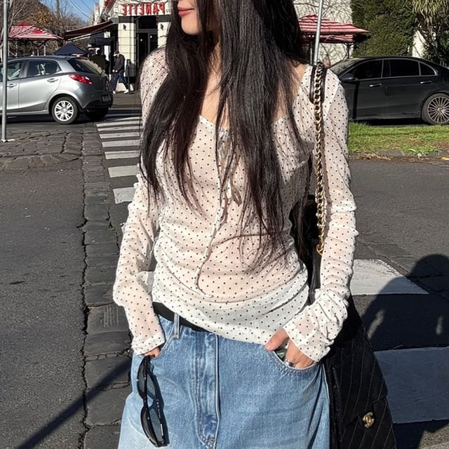 Essere-Long-Sleeve U-Neck Dotted Mesh Crop Top