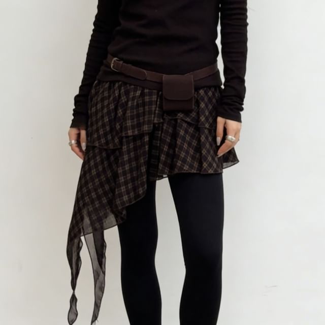 Essere-Low Waist Plaid Asymmetrical Mini Skirt