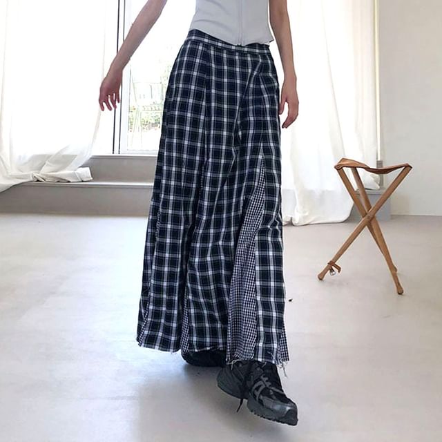 Essere-Mid Rise Plaid Panel Maxi A-Line Skirt