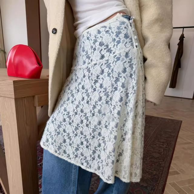 Essere-Mid Rise Plain Lace Overlay Skirt