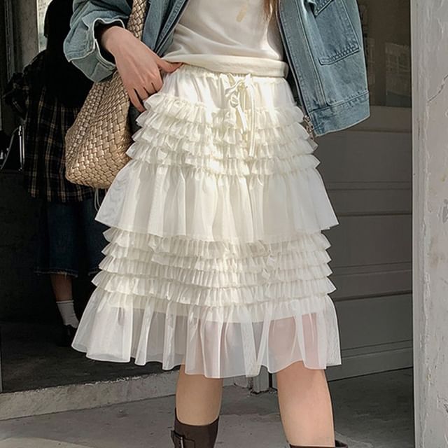 Essere-Mid Rise Plain Mesh Panel Midi A-Line Skirt
