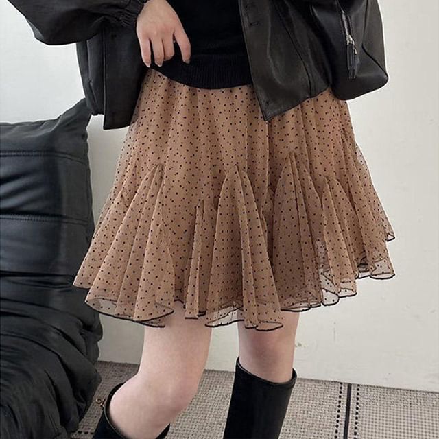 Essere-Mid Rise Polka Dot Mesh A-Line Skirt