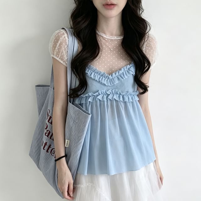 Essere-Short-Sleeve Crew Neck Polka Dot Mesh Top