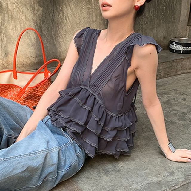 Essere-Sleeveless V-Neck Plain Pintuck Ruffled Blouse