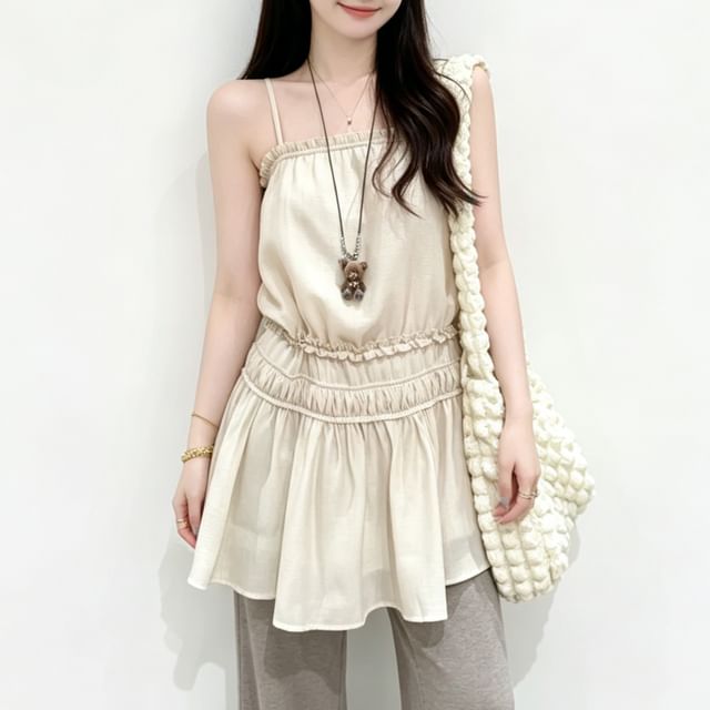 Essere-Spaghetti Strap Plain Ruffle Ruched Mini A-Line Dress