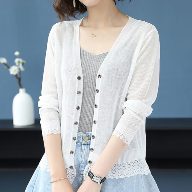 Essere-V-Neck Plain Lace Trim Cardigan