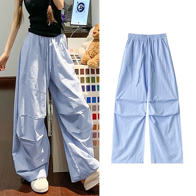 evanesce-Drawstring Waist Plain Baggy Parachute Pants Various Designs