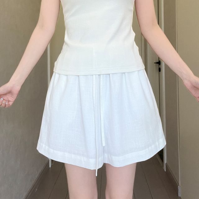 evanesce-Drawstring Waist Plain Shorts