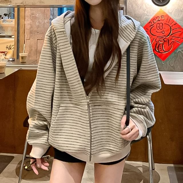 evanesce-Drop Shoulder Striped Zip Hoodie