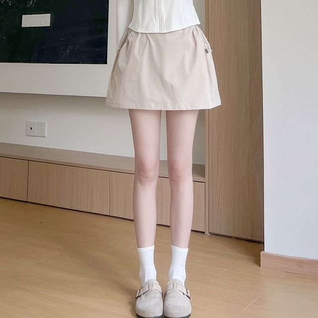 evanesce-Elastic Waist Plain Drawstring Mini A-Line Skirt